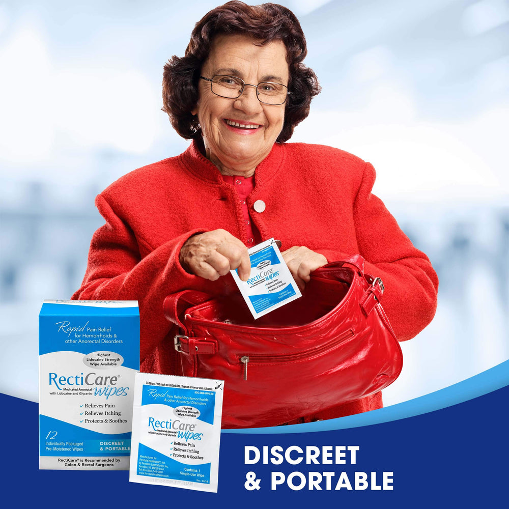 RectiCare individual wipe packet for discreet on-the-go relief.
