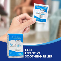 RectiCare wipes showing 5% lidocaine for quick numbing action.
