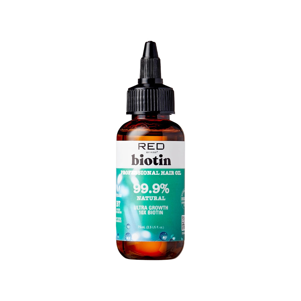Red by Kiss Biotin Infused Hair Oil bottle nourishes and strengthens hair.
