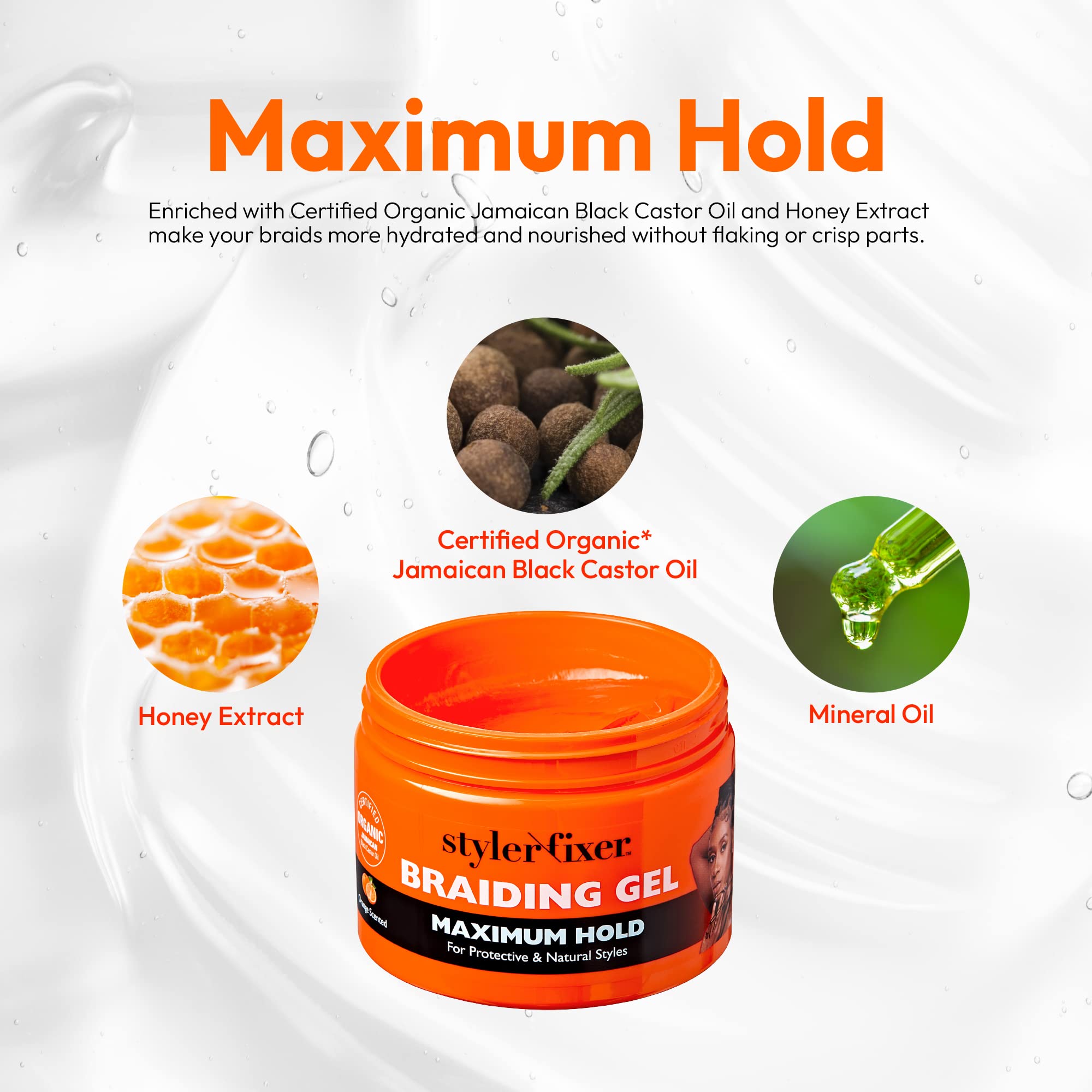 Close-up of Red by Kiss Hold Braiding Gel texture showing a hydrating formula.