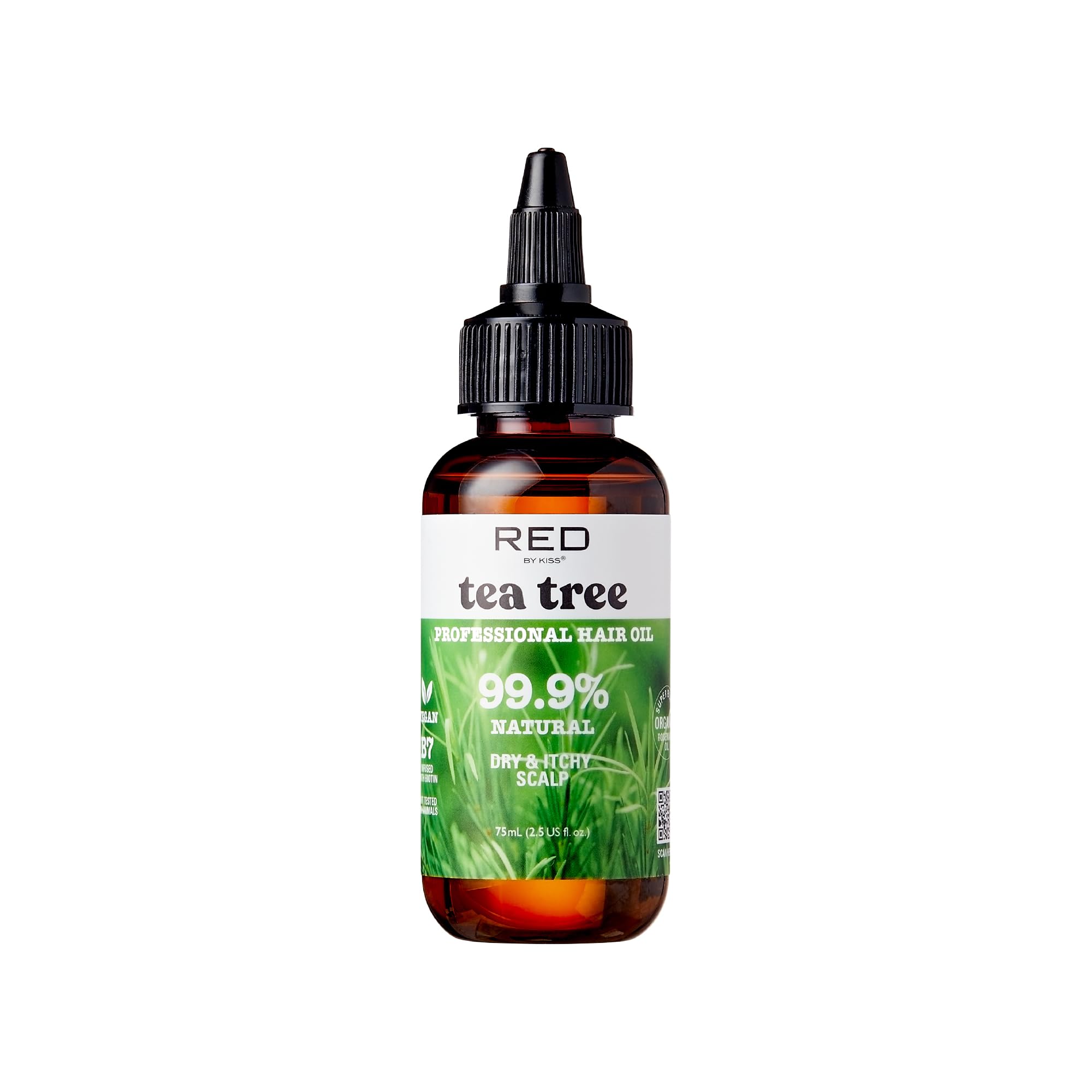 Red by Kiss Tea Tree Hair Oil bottle for scalp relief and shine.