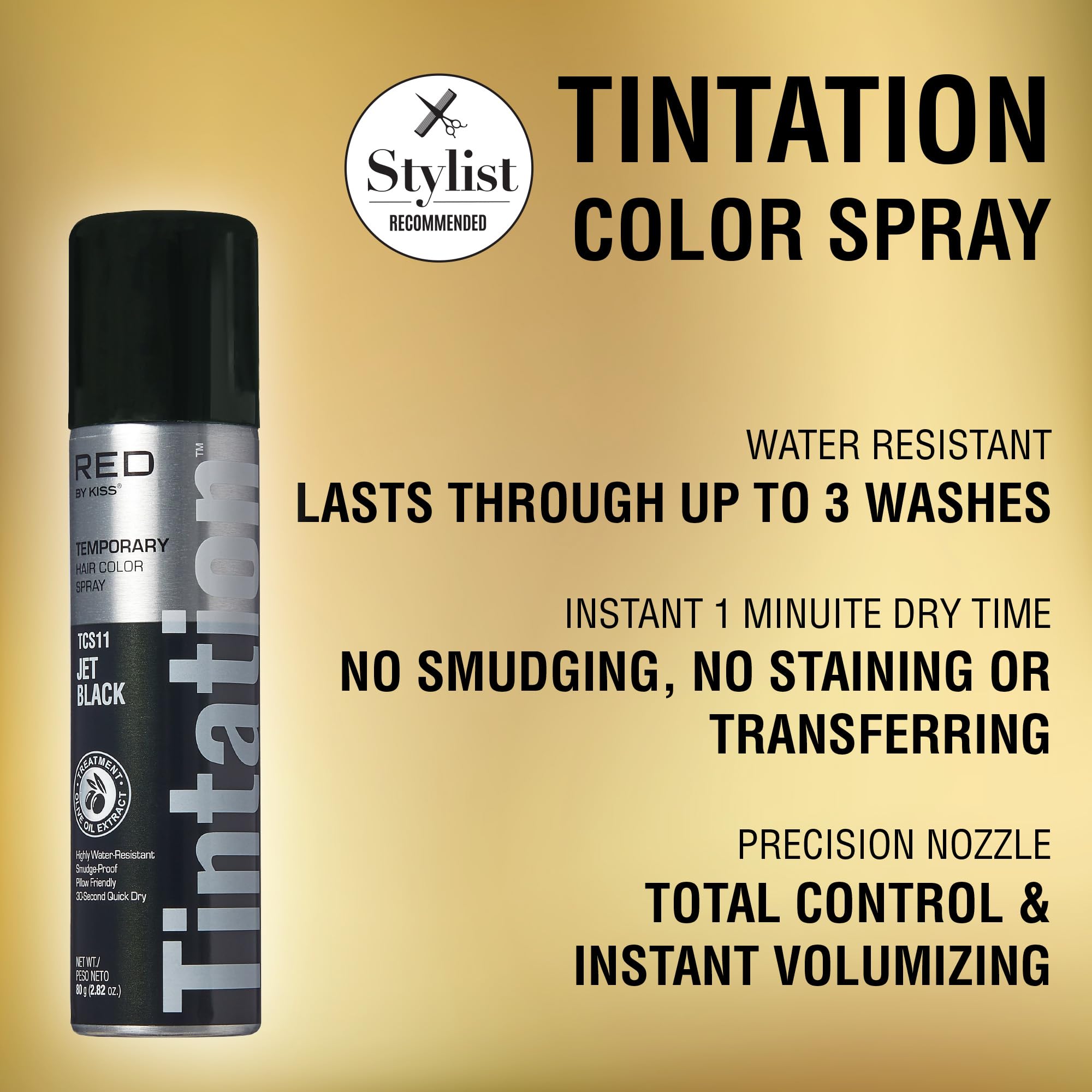 Red by Kiss Tintation Jet Black spray for seamless gray root touch-up at the hairline.