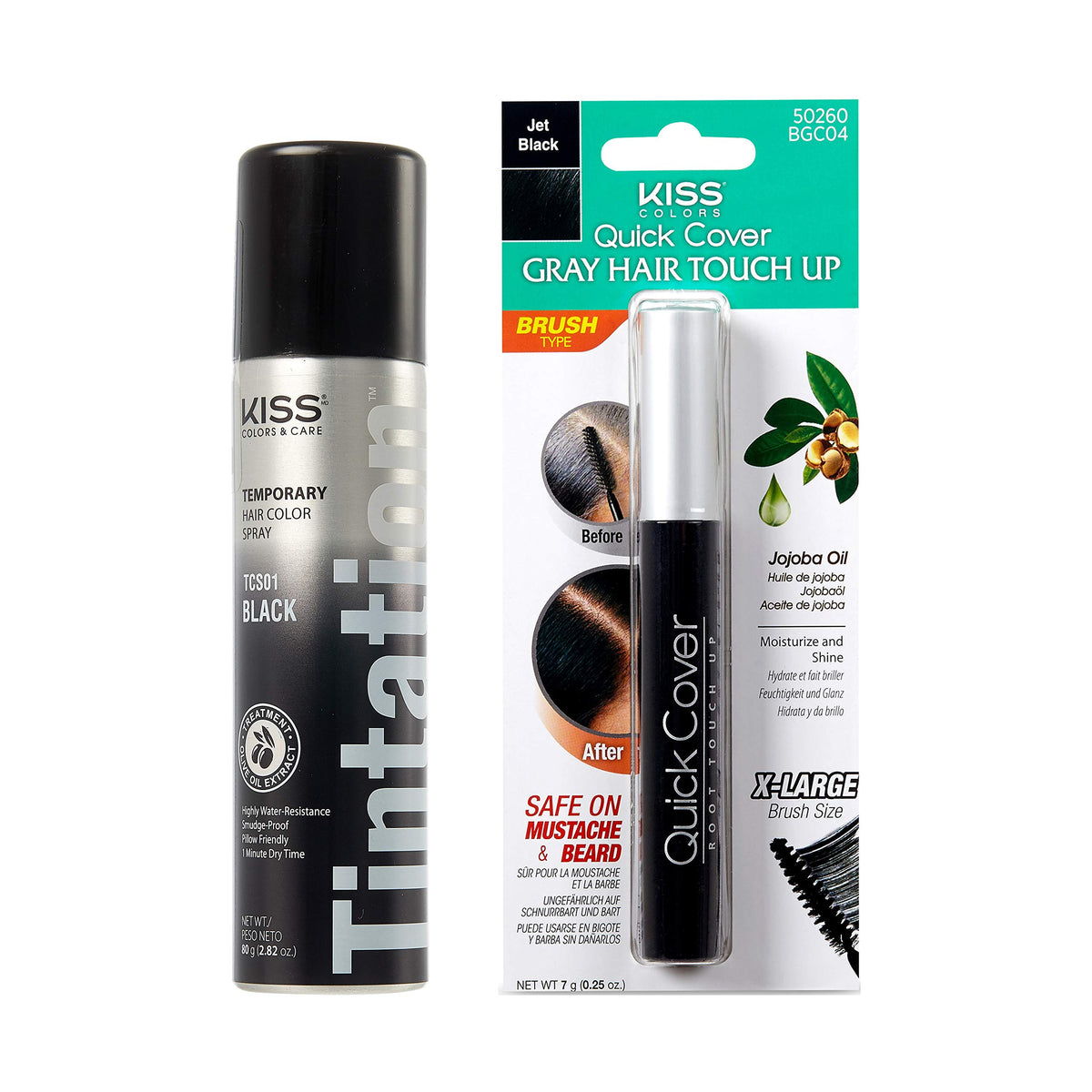Red by Kiss Tintation root cover spray demonstrates fast gray root coverage with olive oil care.