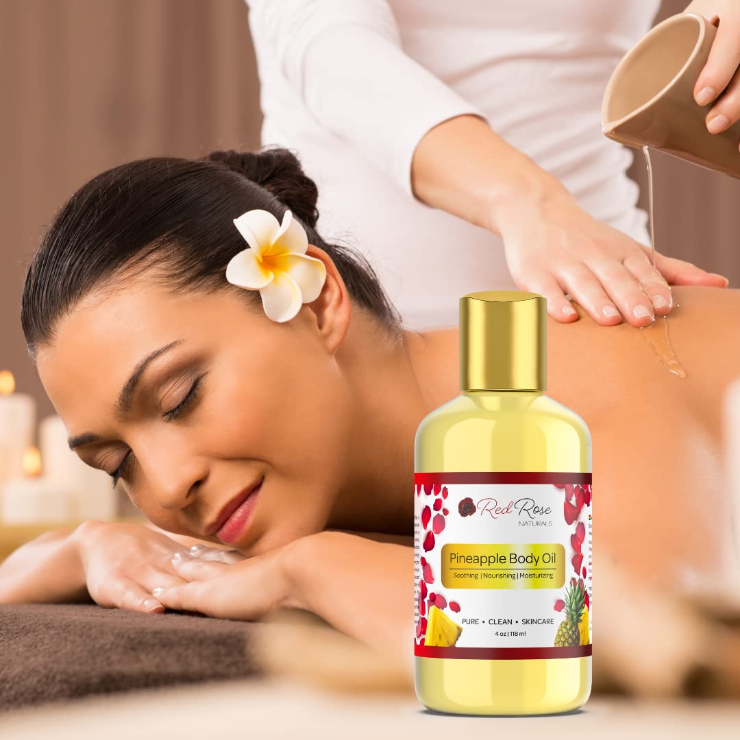 Red Rose Naturals Pineapple Body Oil on skin in tropical vibe after shower.