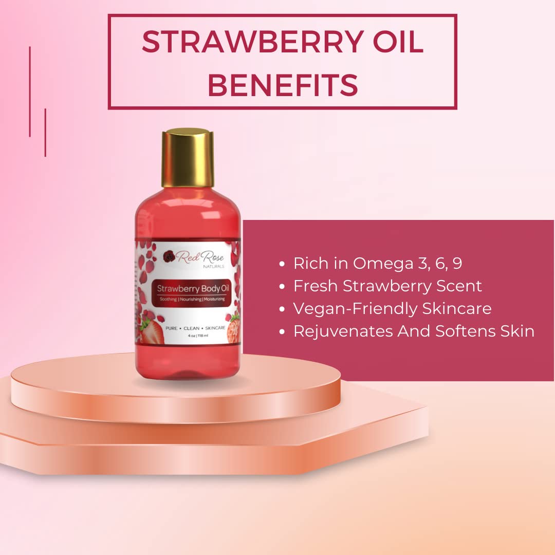 Red Rose Naturals Strawberry Body Oil bottle shows avocado and safflower oils for nourishment