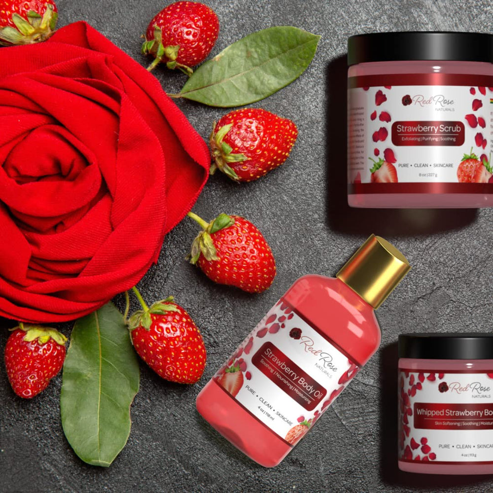 Red Rose Naturals Strawberry Body Oil packaging on shelf