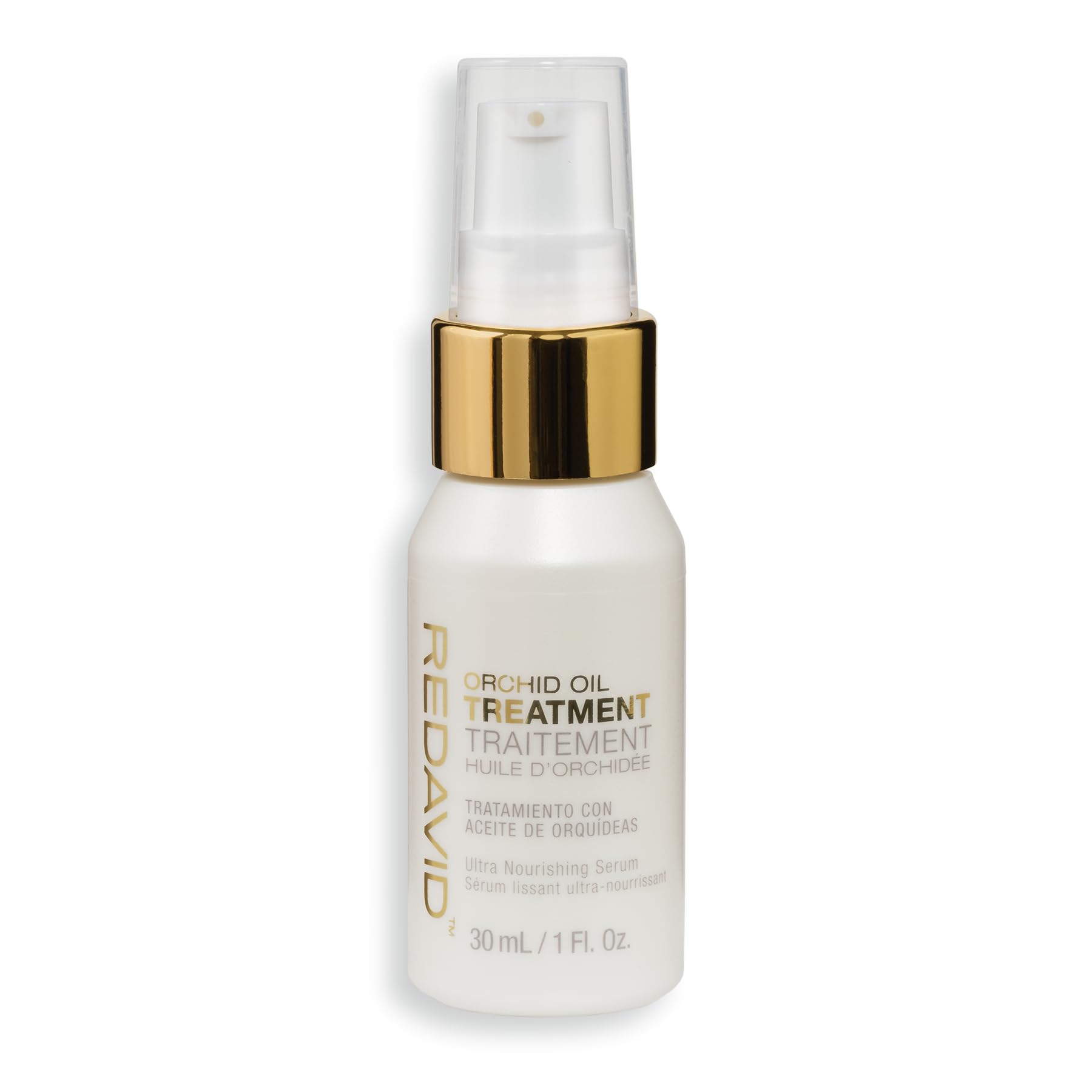 Redavid Orchid Oil bottle pour demonstrates frizz control and radiant shine for hair