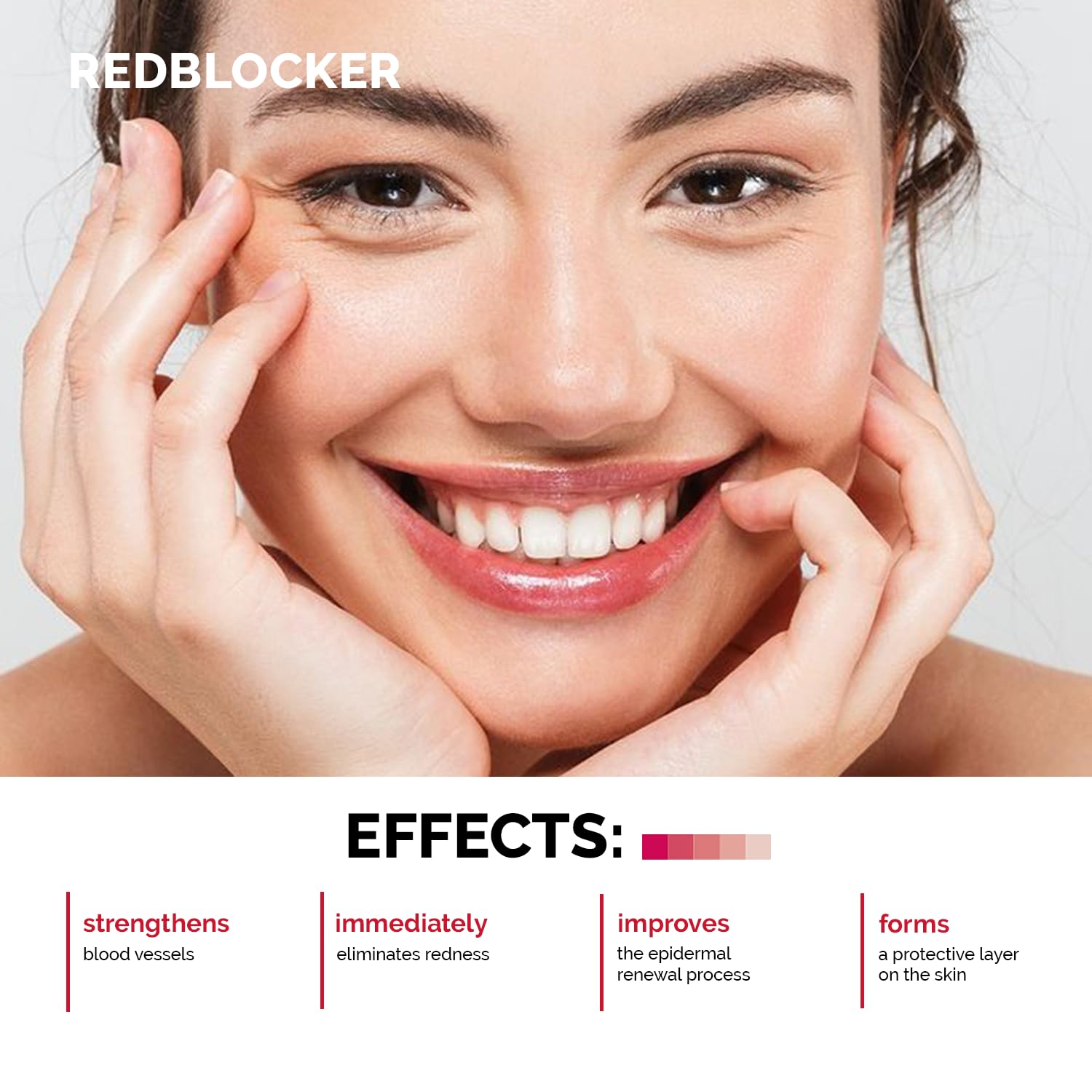 Redblocker Repair Concentrate applied to cheek demonstrates targeted care for sensitive skin.