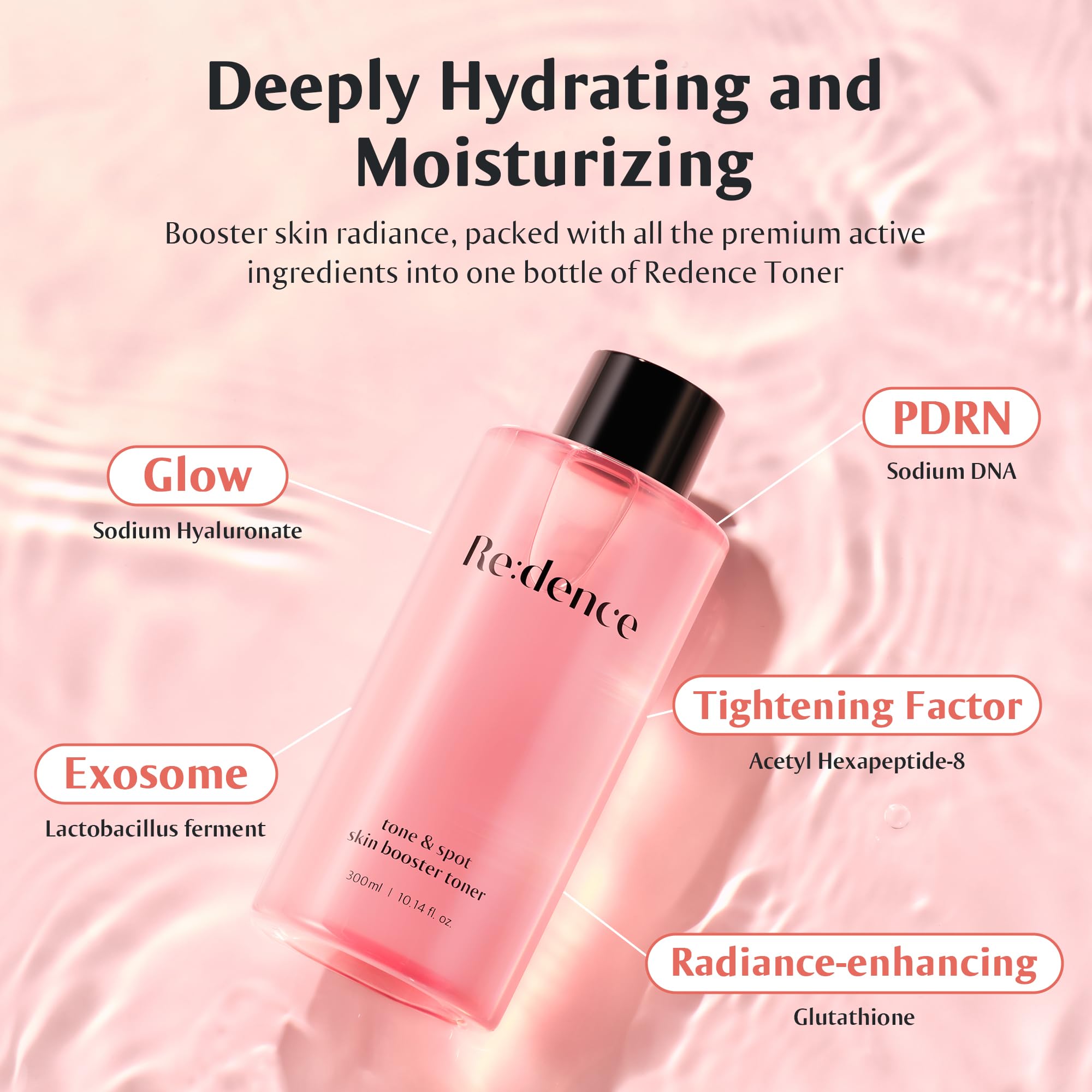 Redence Rice Bran Extract Toner bottle closeup highlights gentler feel and hydration.