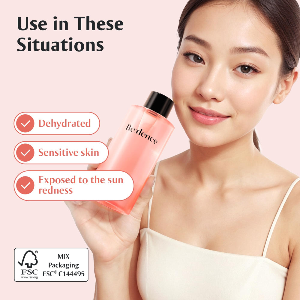 Redence Rice Bran Extract Toner sensitive-skin-usage-idea shows soothing daily routine.