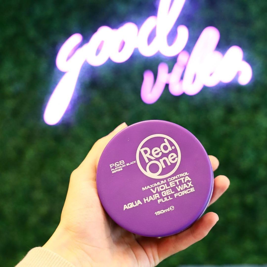 Pack display of RedOne Aqua Hair Wax violet jars in a six-pack