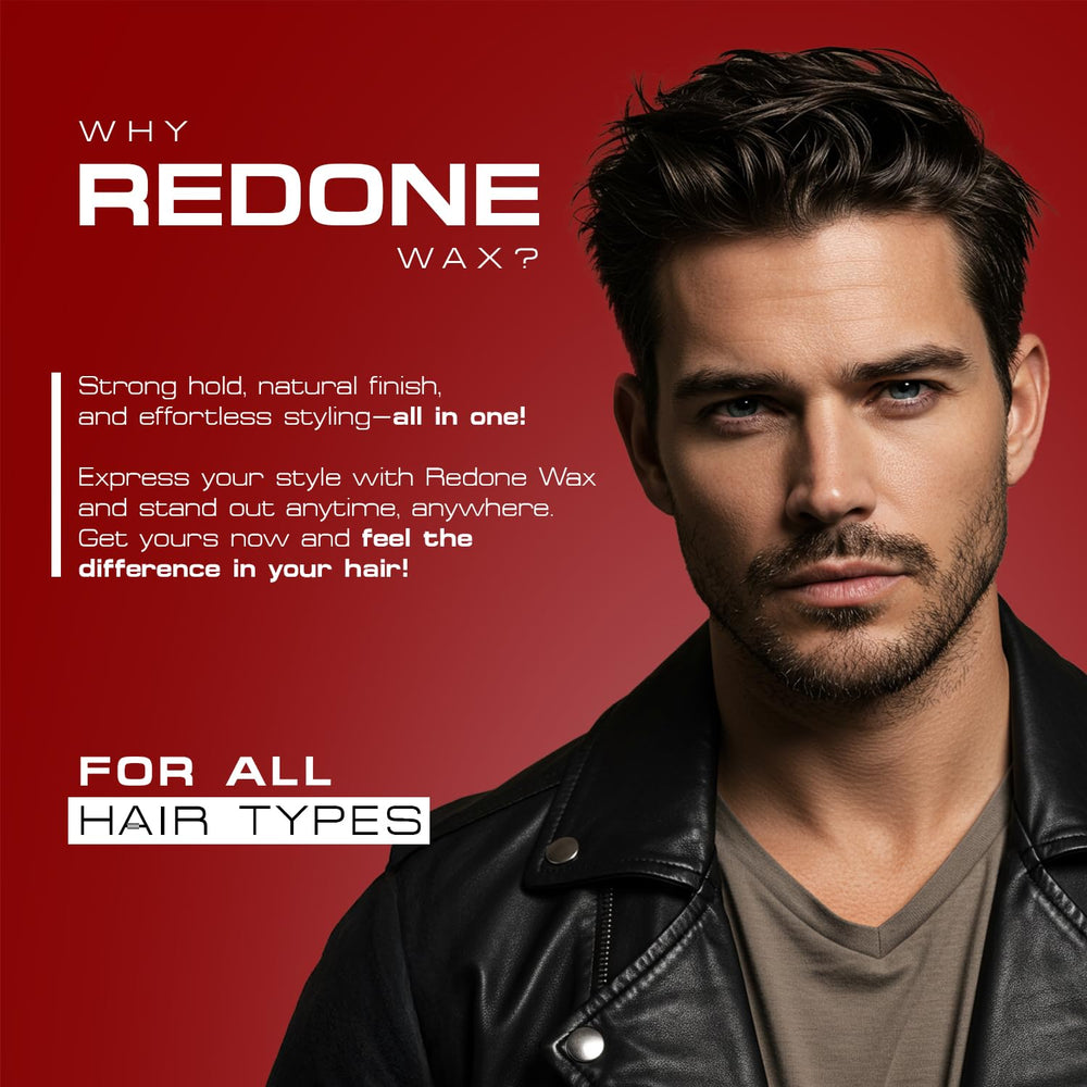 Redone Hair Wax Red jar label emphasizes strawberry scent and premium quality.