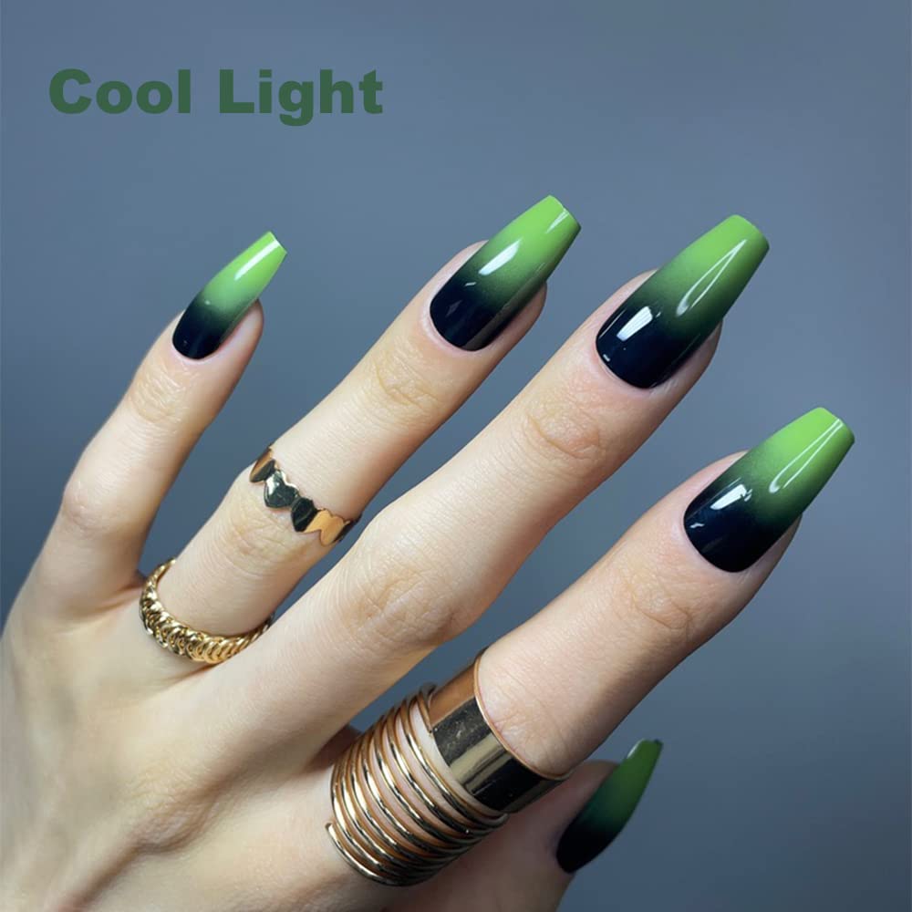 Redykat green ombre coffin nails top view highlighting dramatic length