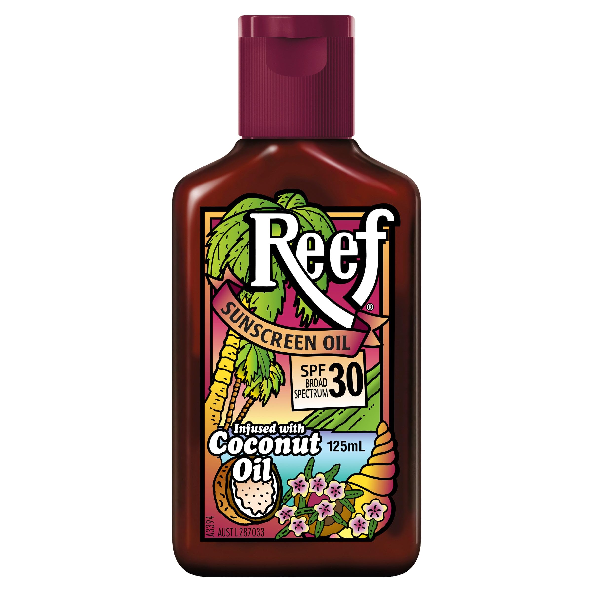 Reef Dark Sun Tan Oil Coconut bottle highlights quick absorption and SPF30+ protection