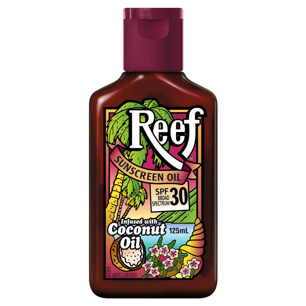 Reef Dark Sun Tan Oil Coconut bottle highlights quick absorption and SPF30+ protection