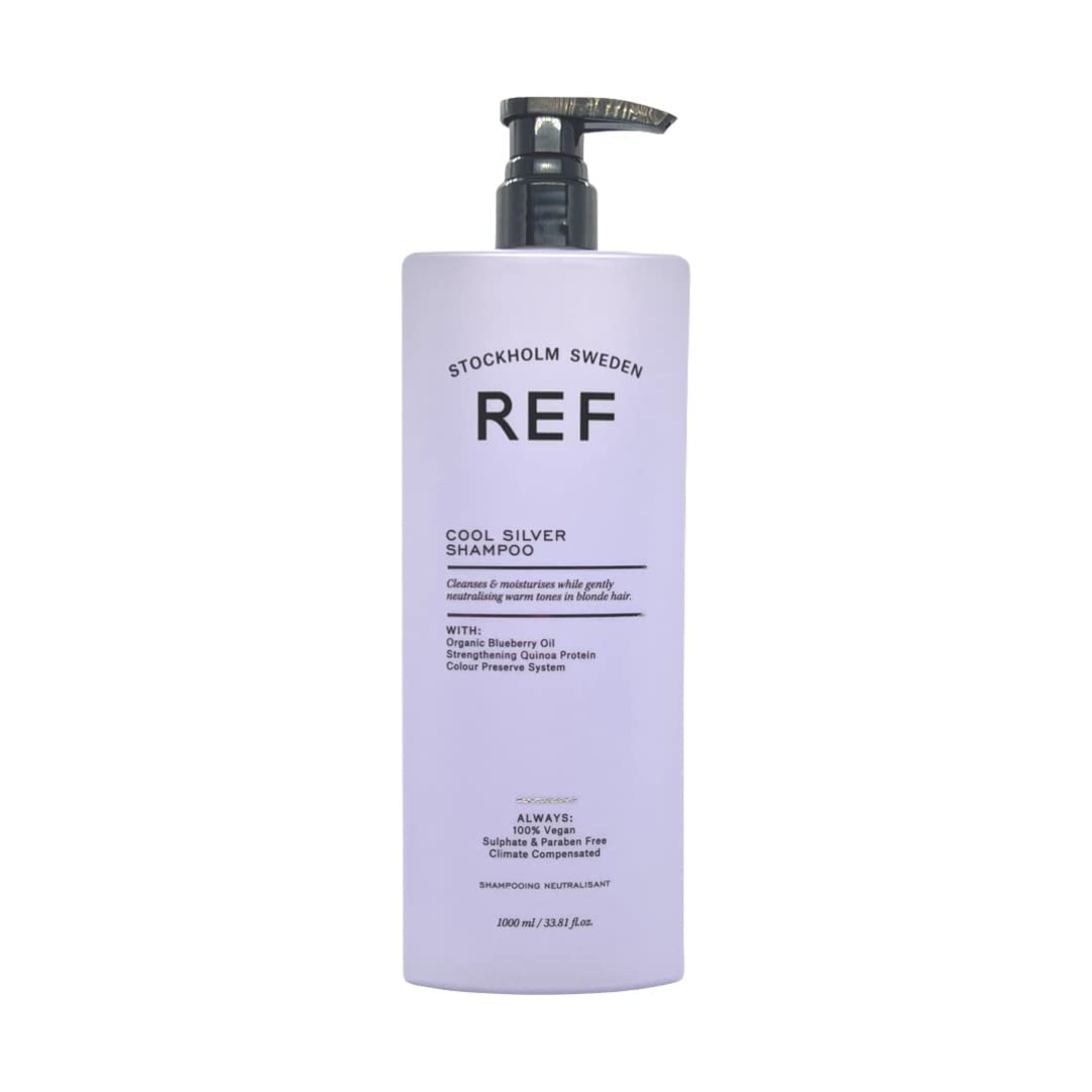 REF Cool Silver Shampoo bottle with blue pigments countering brass tones for blonde hair.