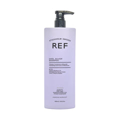 REF Cool Silver Shampoo bottle with blue pigments countering brass tones for blonde hair.