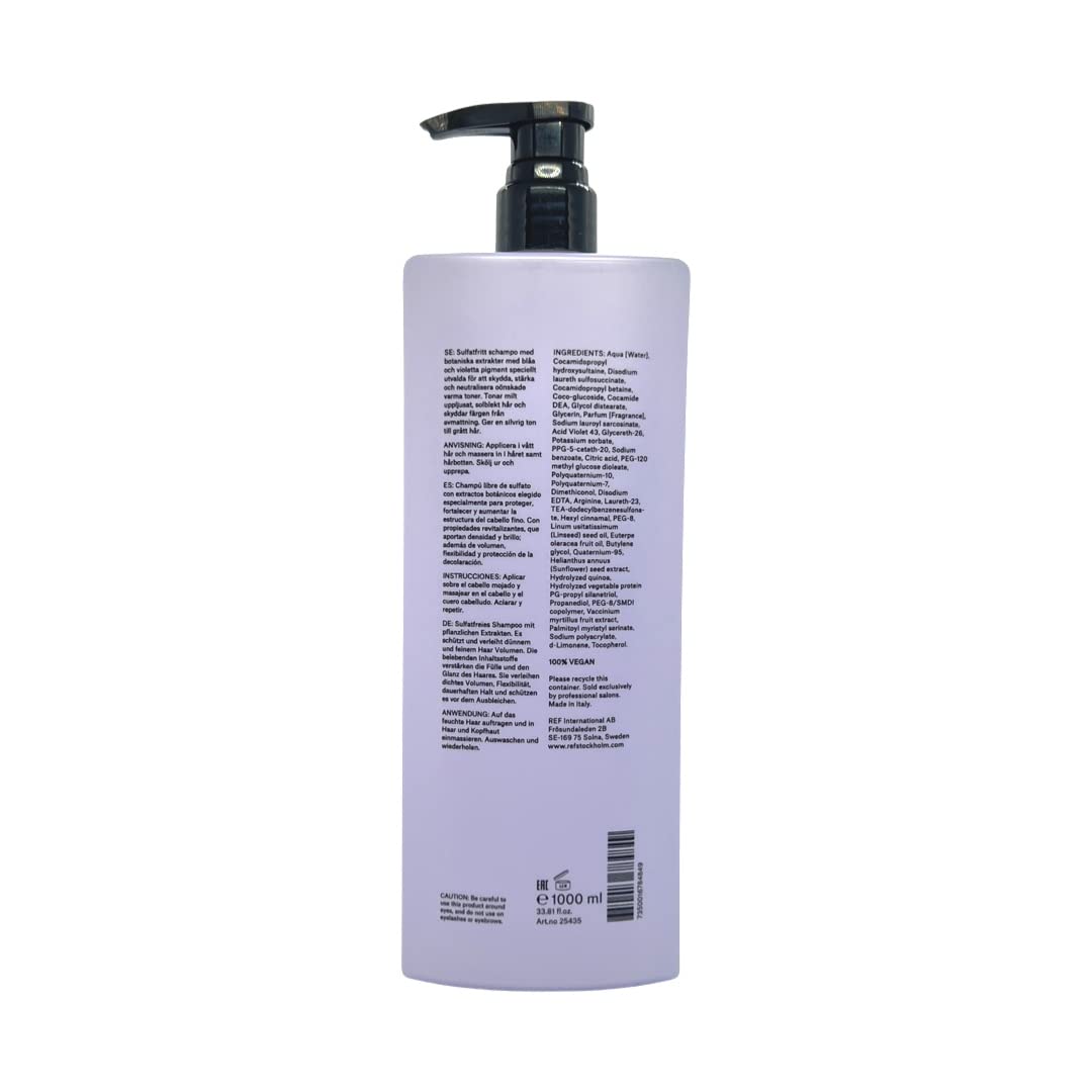 REF Cool Silver Shampoo pump and label emphasizing violet pigments for faded color protection in hair.