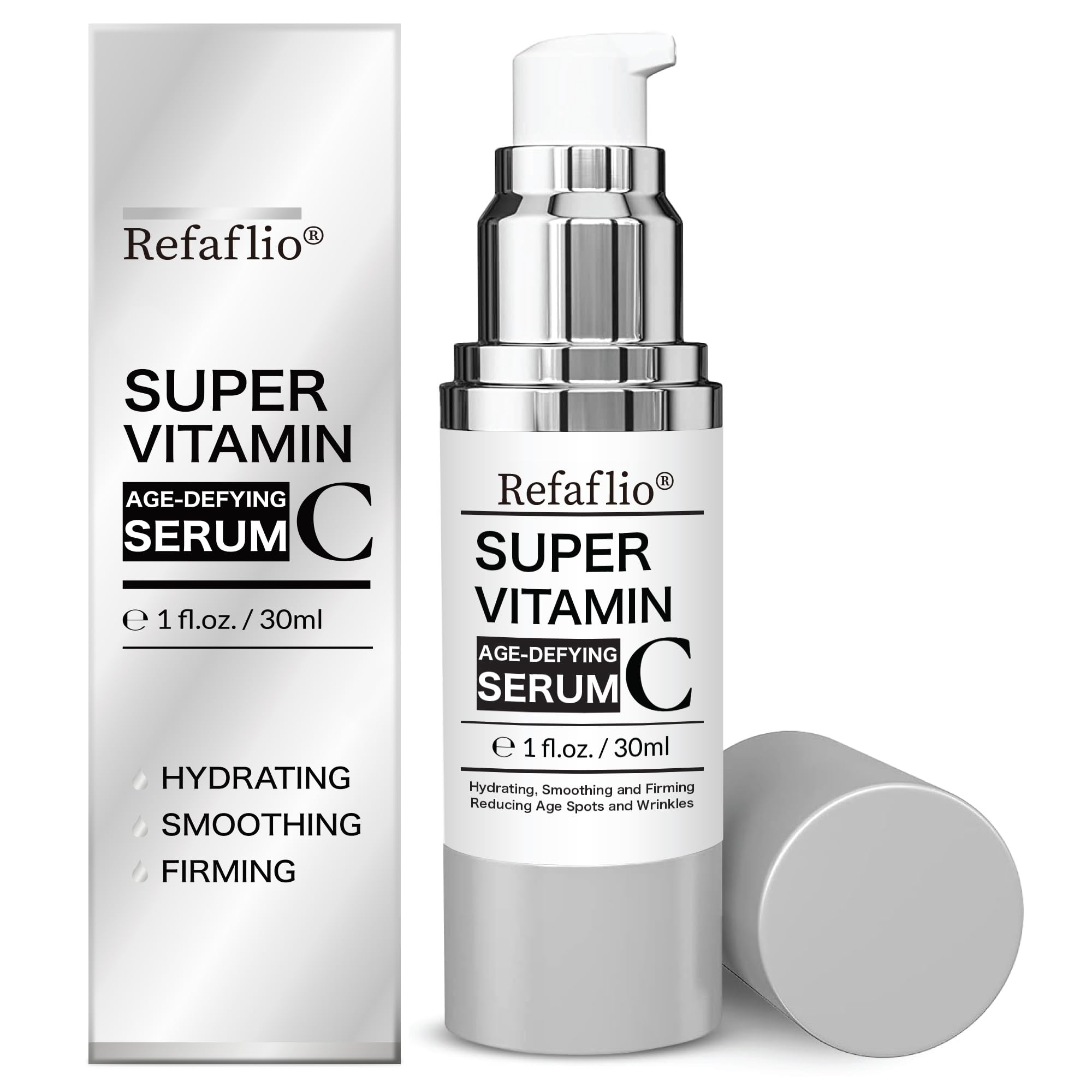 Refaflio Super Vitamin C Serum bottle pour for easy daily use and brightening potential.