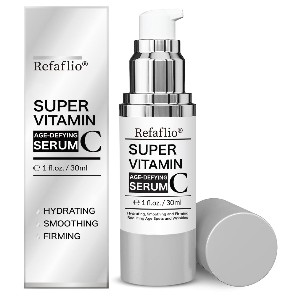Refaflio Super Vitamin C Serum bottle pour for easy daily use and brightening potential.