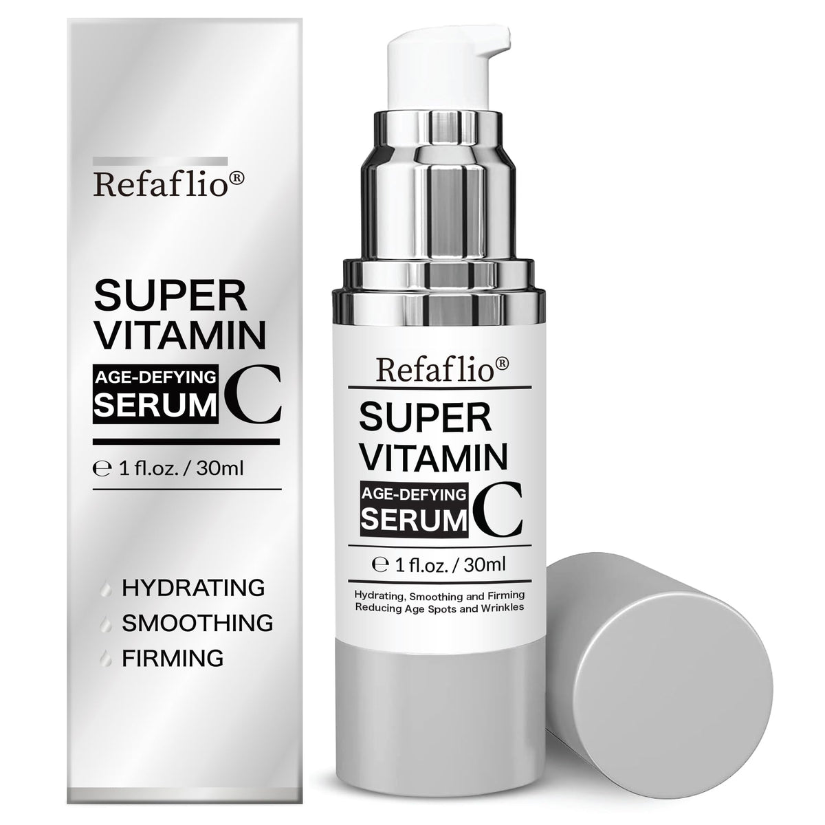 Refaflio Super Vitamin C Serum bottle pour for easy daily use and brightening potential.