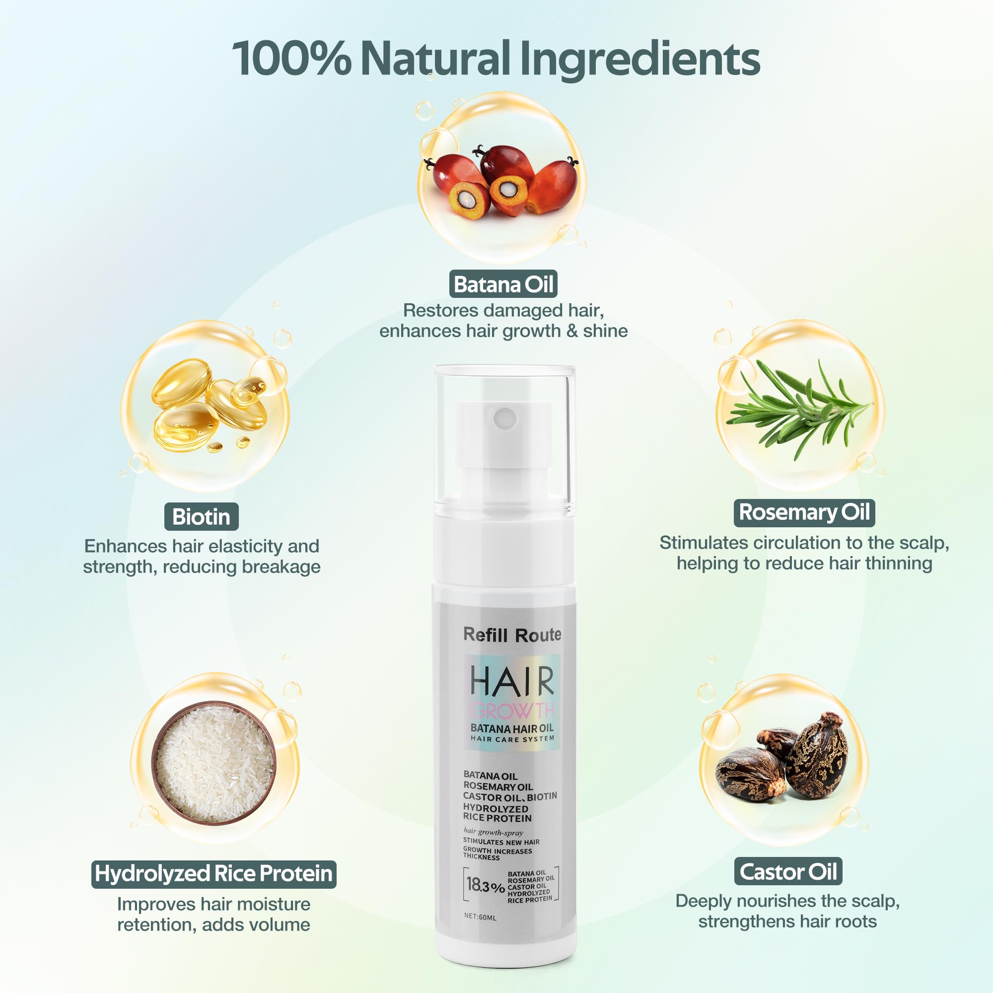 Closeup of the spray dispense from Refill Route Batana Hair Growth Spray