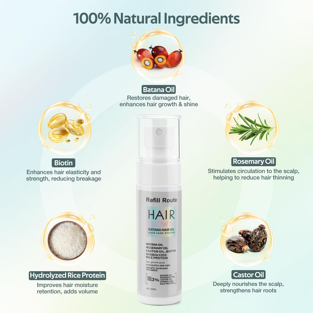 Closeup of the spray dispense from Refill Route Batana Hair Growth Spray