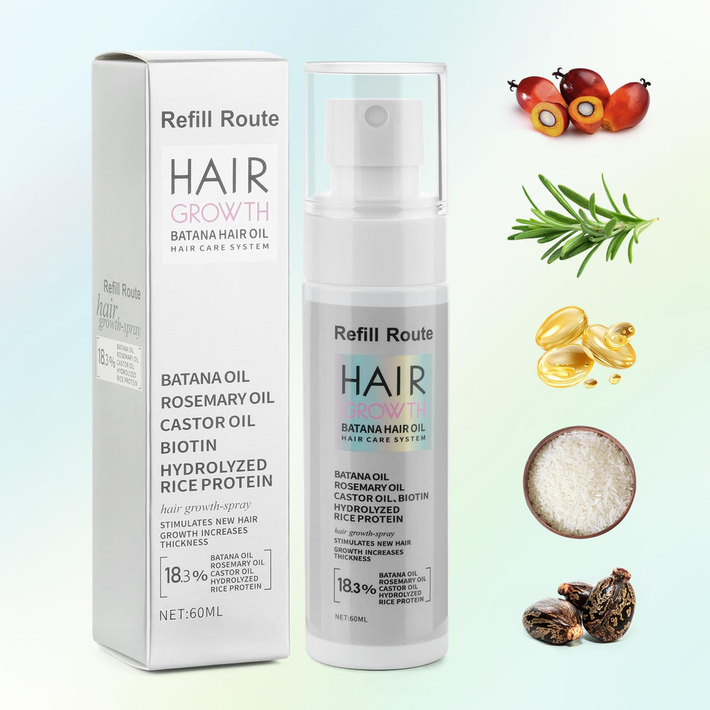 Refill Route Batana Hair Growth Spray in a bathroom setting for daily use