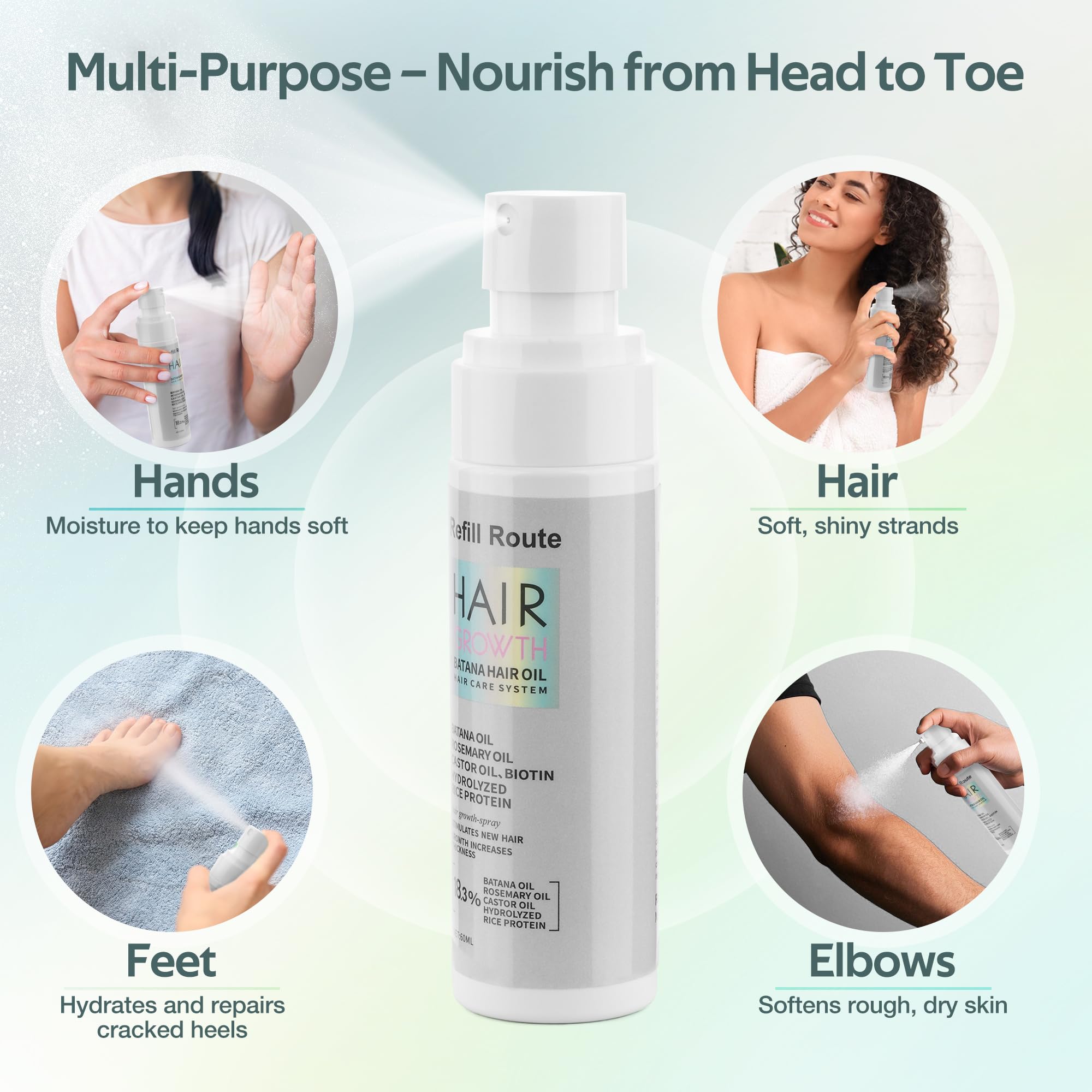 Ingredients pack for Refill Route Batana Hair Growth Spray showing key components