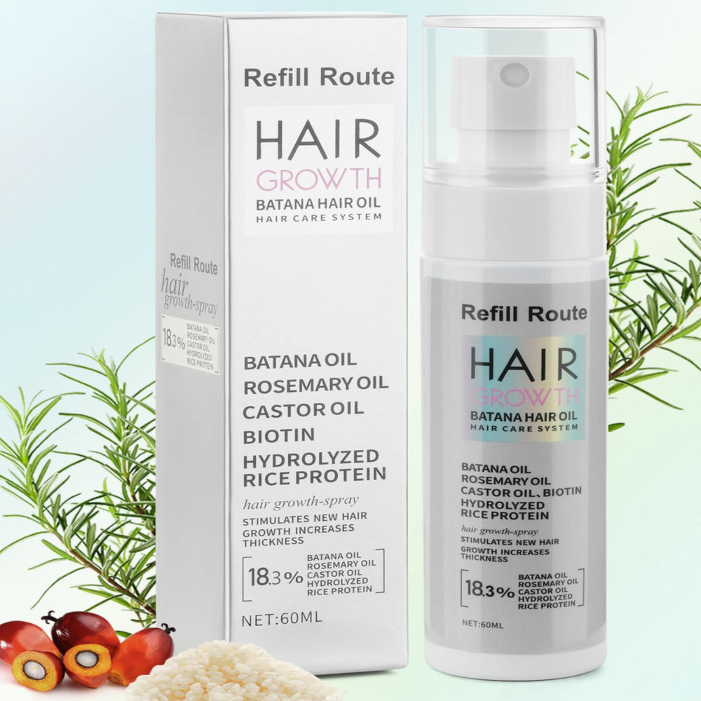 Bathroom vanity setup with Refill Route Batana Hair Growth Spray