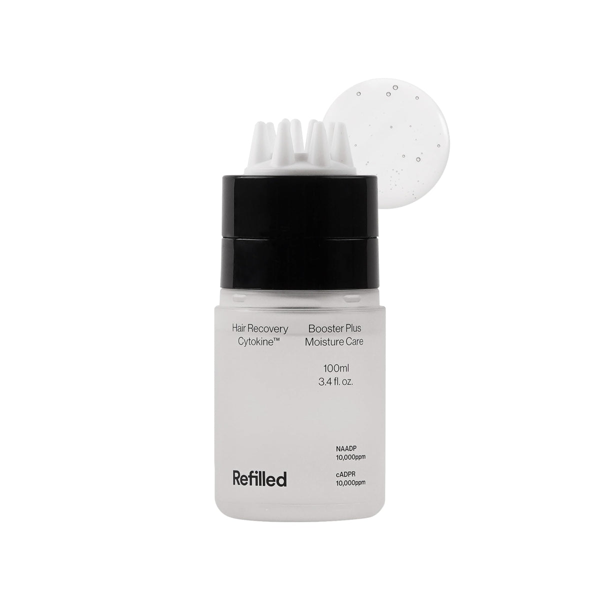 Refilled Booster Plus Moisture bottle pour for easy, mess-free scalp application.