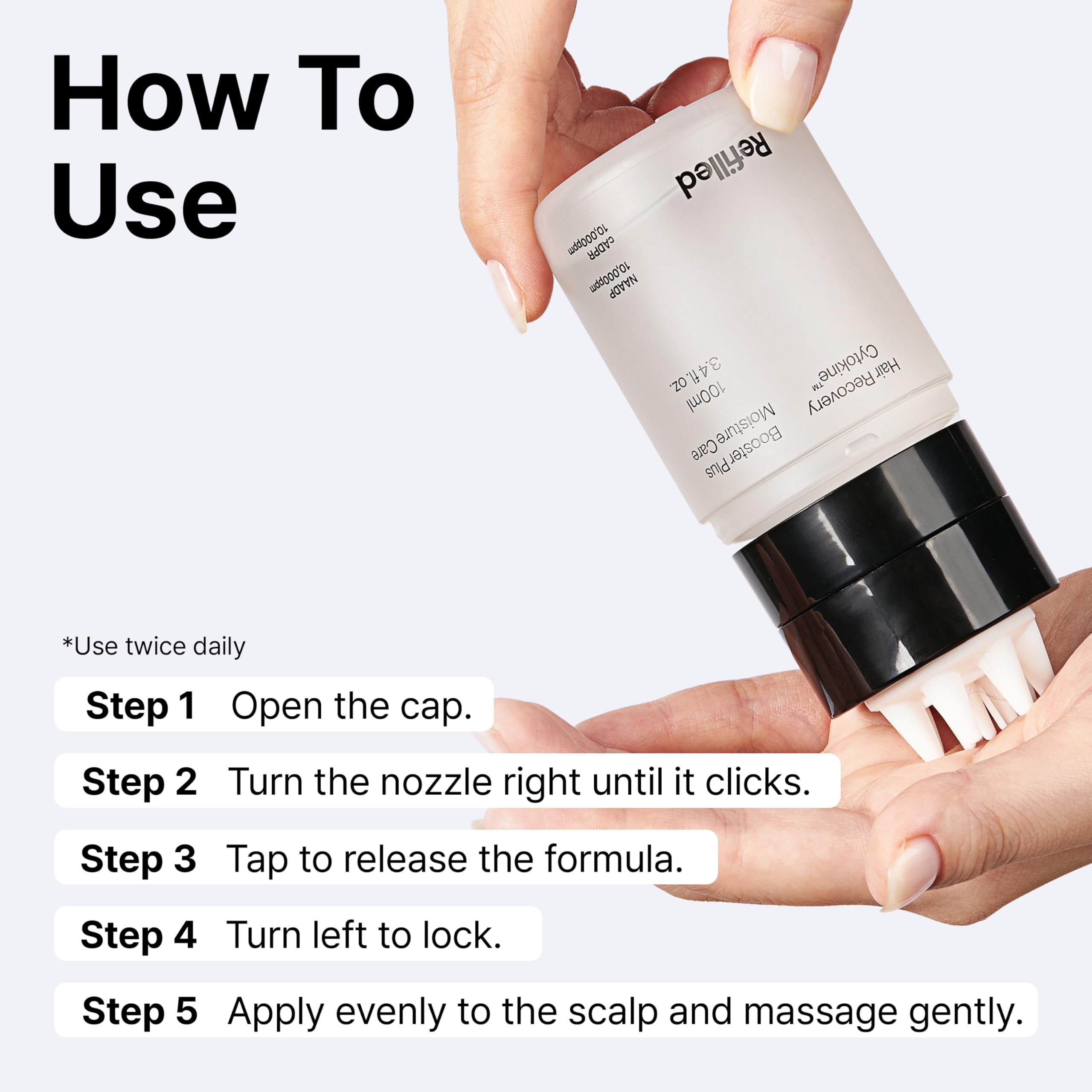 Refilled Booster Plus Moisture ingredients panel emphasizes botanicals and biotin benefits.