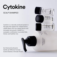 Refilled Cytokine Shampoo foam lather on hand demonstrates refreshing cleanse.