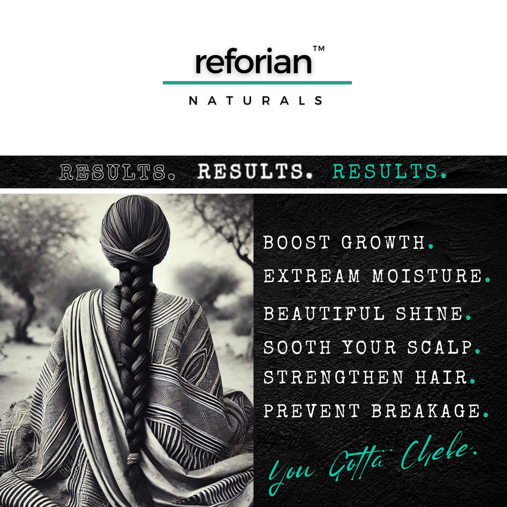 Reforian Chebe Hair Butter massaged into scalp for hydrated roots and reduced frizz.