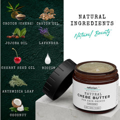 Reforian Chebe Hair Butter texture close-up highlights creamy consistency for steady regrowth.