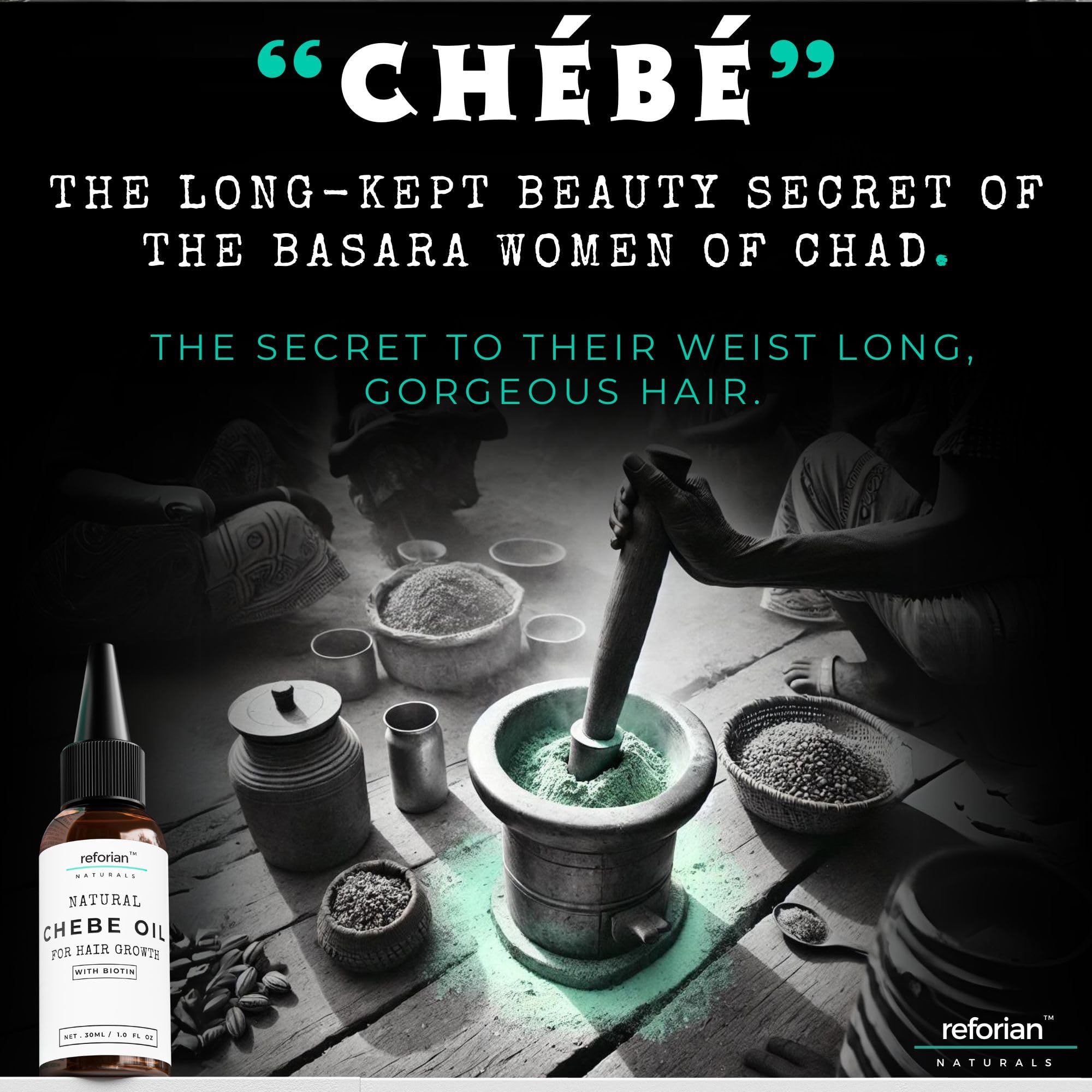REFORIAN Chebe Oil label highlights organic ingredients and 10-in-1 blend