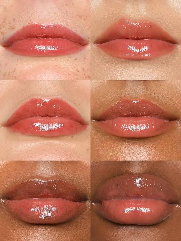 REFY Lip Gloss Dusk lips swatch reveals deep mahogany pink shade.