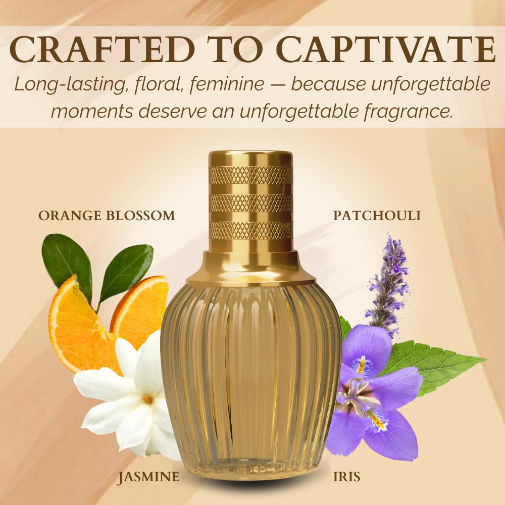 Heart notes of iris and jasmine form a sophisticated floral center.