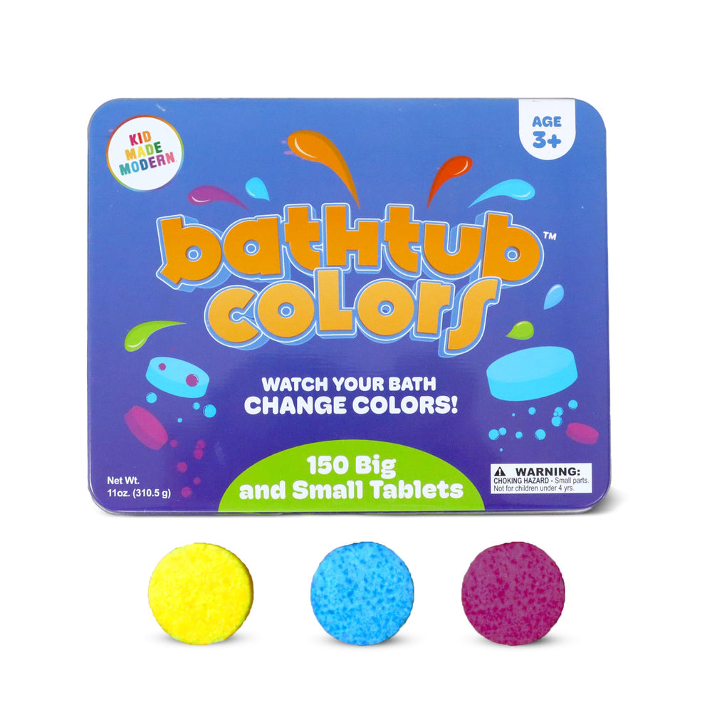 Regal Games Kid Made Modern bath color tablets blue brighten bath time and encourage color discovery.