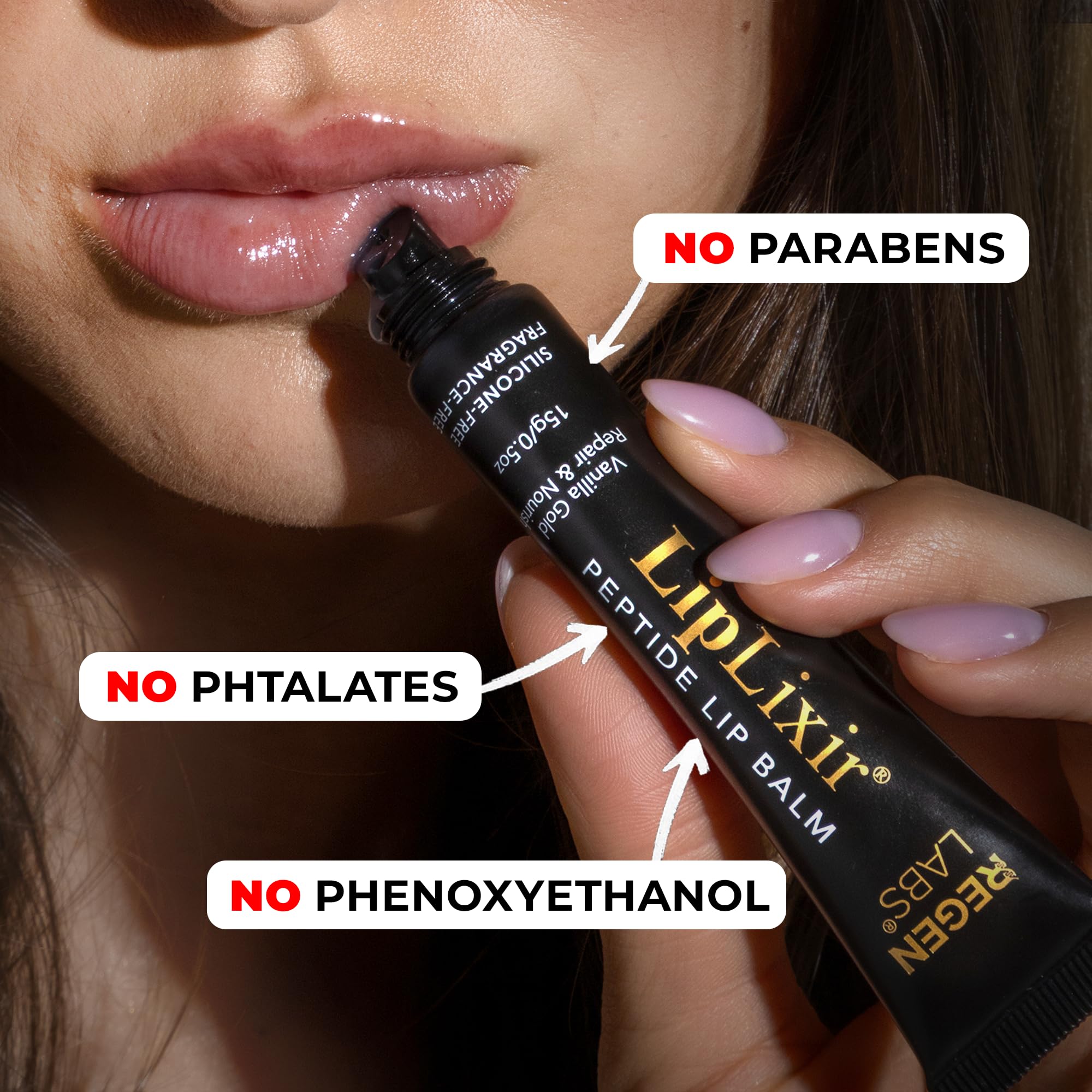 Fragrance-free formula label emphasizes safe, toxin-free lip care.