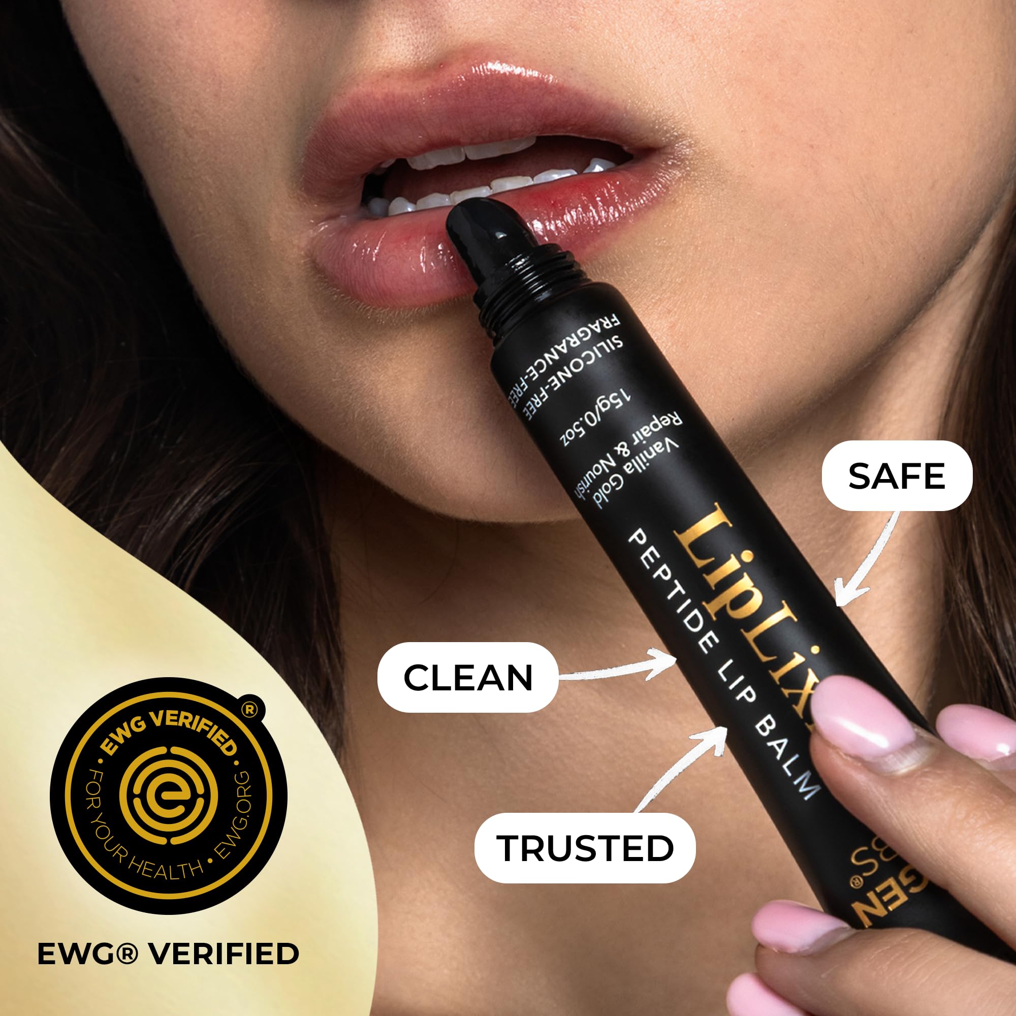 Hydration-rich texture with cocoa butter and coconut oil on lips.