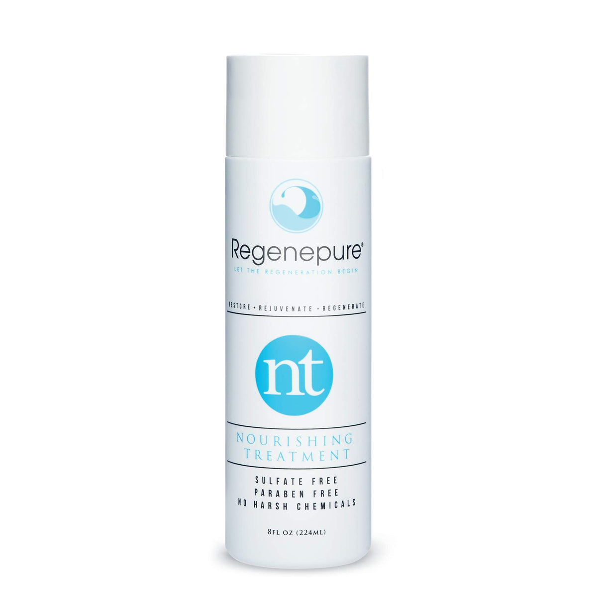 REGENEPURE NT bottle pour demonstrates premium cleansing for scalp refreshment.