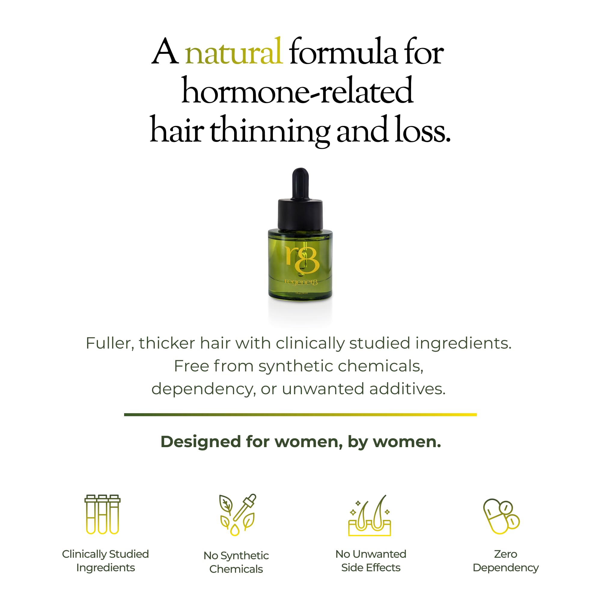 Regener8 hair oil bottle with dropper for precise scalp application.