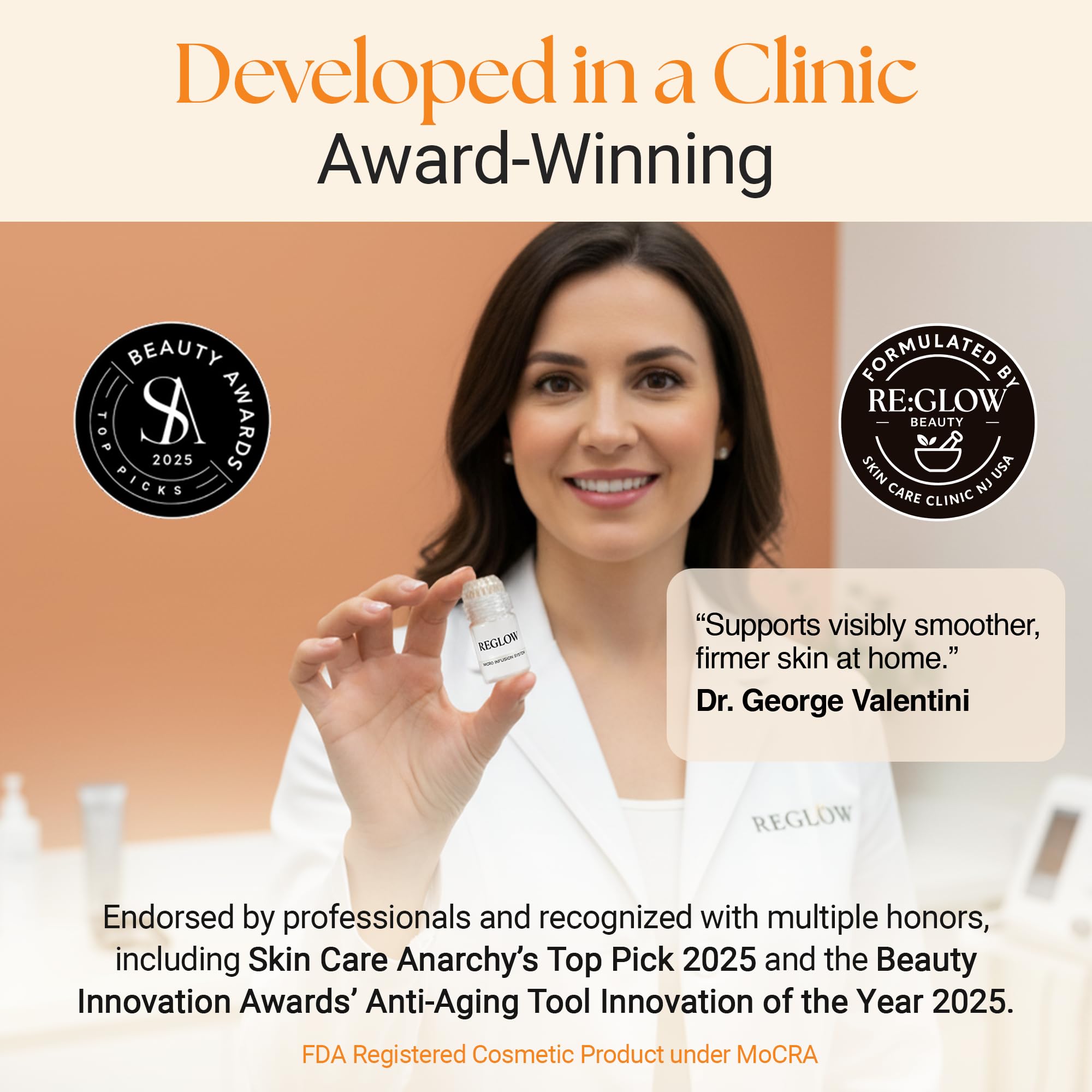 Reglow gold-plated single-use applicators enabling safe serum delivery.