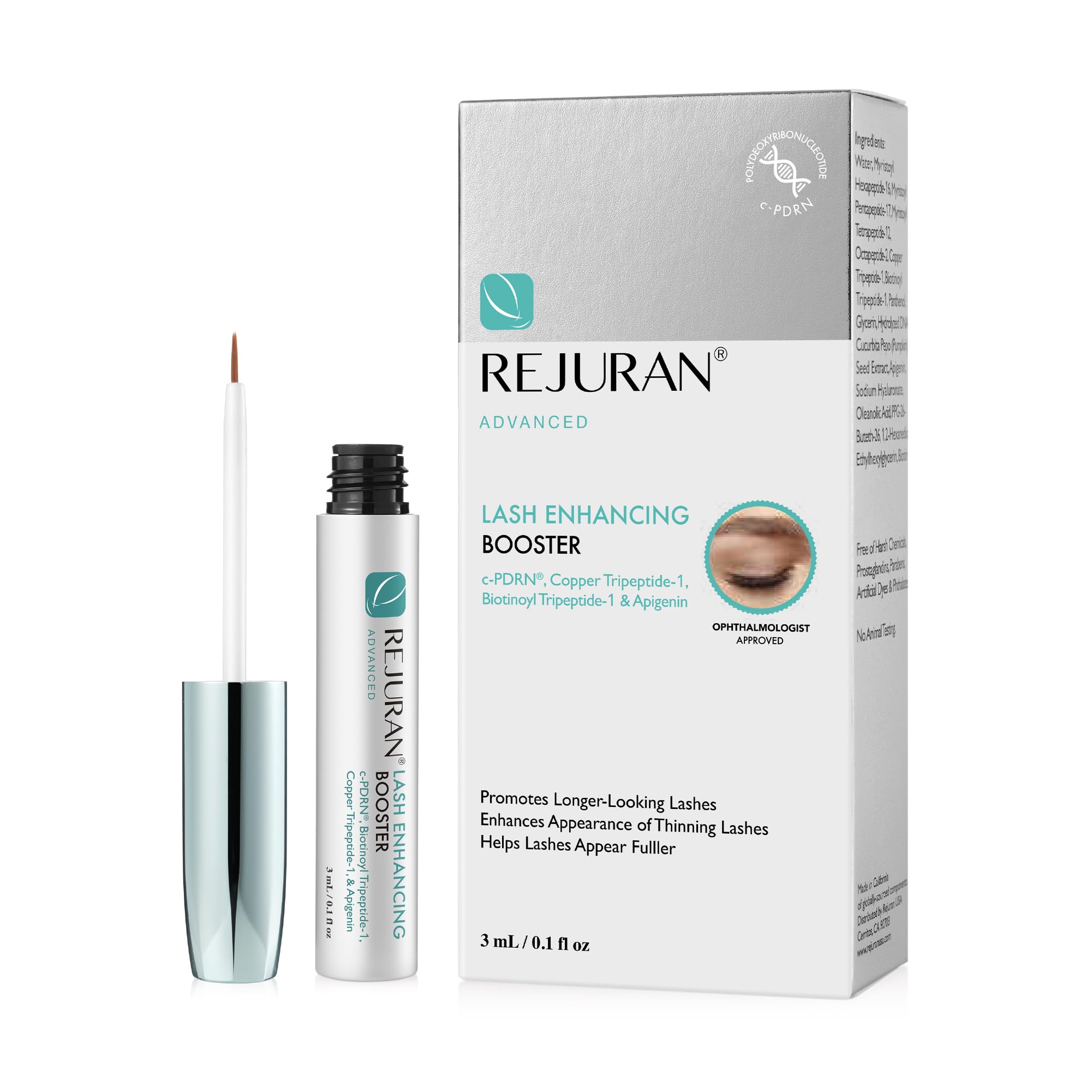 REJURAN Advanced Lash Enhancing Booster bottle showing fuller lashes