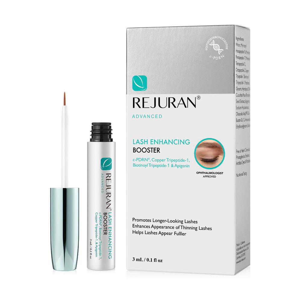 REJURAN Advanced Lash Enhancing Booster bottle showing fuller lashes