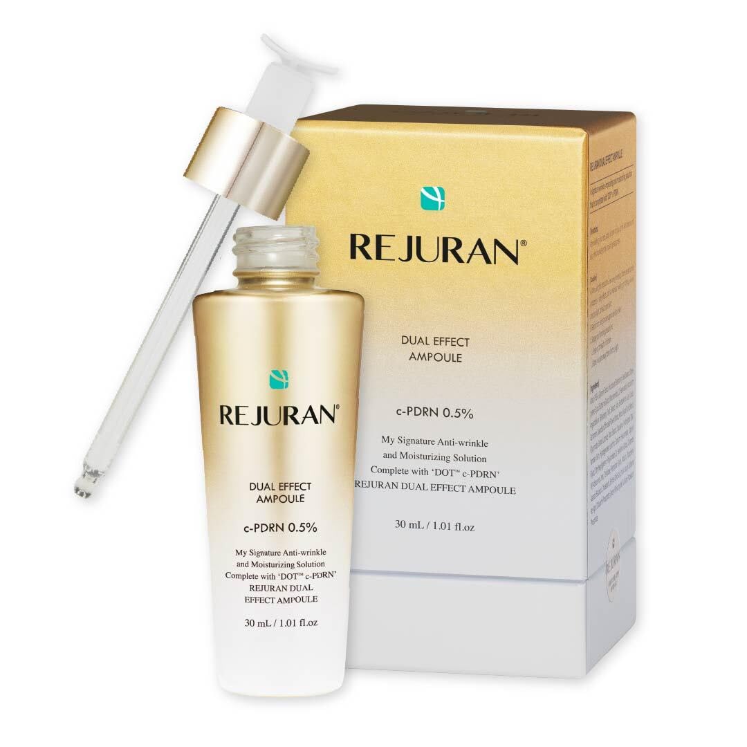 REJURAN Dual Effect Ampoule bottle pour demonstrates precise application and immediate hydration.