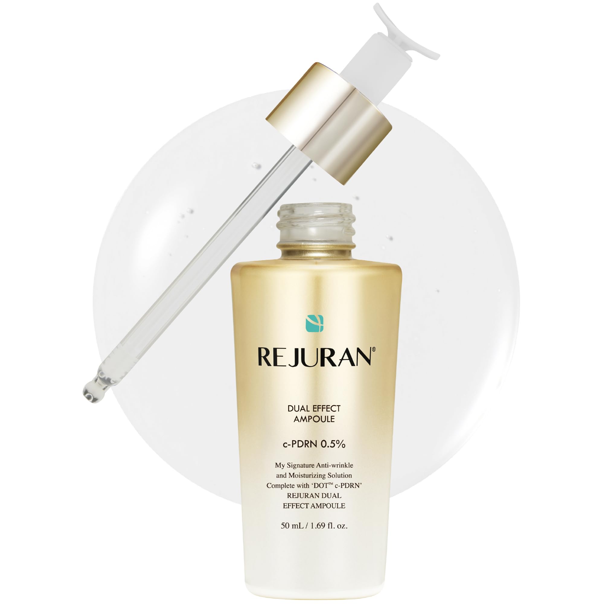 REJURAN Dual Effect Ampoule bottle close-up for anti-aging care.