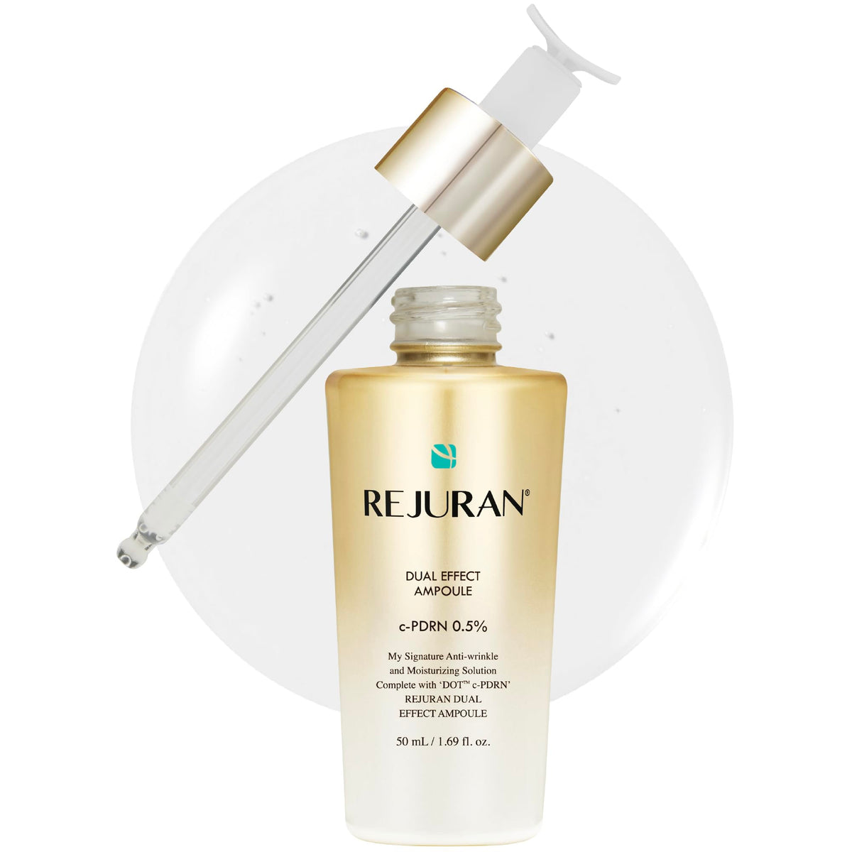 REJURAN Dual Effect Ampoule bottle close-up for anti-aging care.