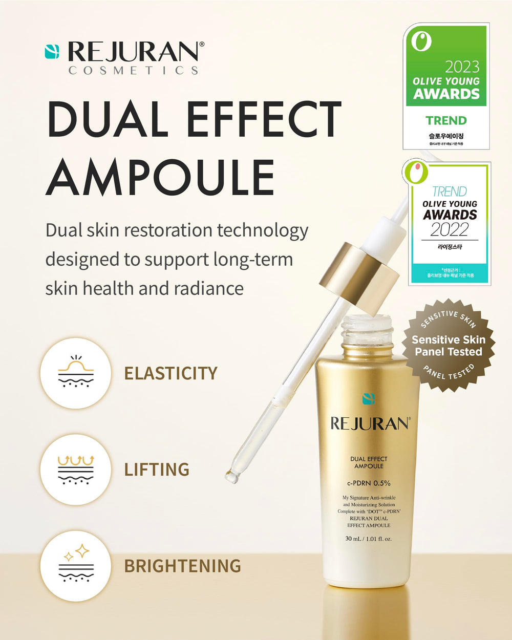 REJURAN Dual Effect Ampoule serum swirl illustrates smooth texture for a radiant complexion.